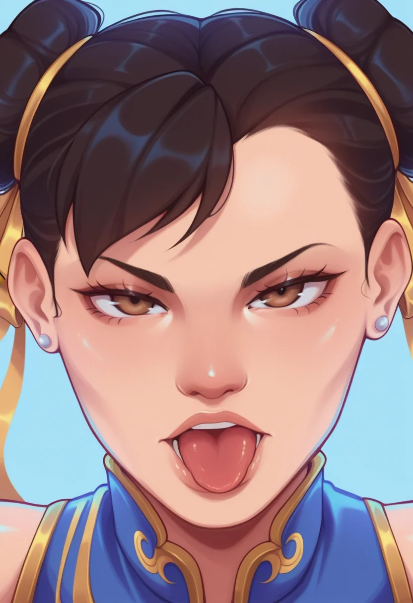 tozierstyle, masterpiece, best quality, solo, chun_li\(street_fighter\), detailed eyes, hair buns, closeup, looking at viewer, tongue, blue background,
