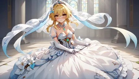 score_9,score_8_up,score_7_up,score_6_up,score_5_up,score_4_up,<lora:Anime_Style_For_Pony:0.5>,source_anime,<lora:lumine_genshinimpact_pony:1>,lumine_genshinimpact,1girl,blonde hair,blush,closed mouth,elbow gloves,hair between eyes,jewelry,medium breasts,necklace,puffy short sleeves,puffy sleeves,short hair with long locks,short sleeves,solo,tiara,veil,wedding dress,white dress,white gloves,white veil,yellow eyes,full body,