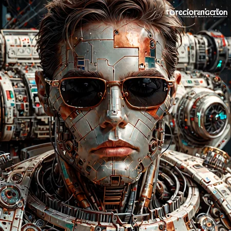 corroded  
A front page for a comic book titled 'Métal Hurlant,' featuring a highly detailed, futuristic humanoid robot. The robot should have a striking, mechanical face with intricate, ornamental elements, similar to the style of the provided image. The design should incorporate bold, swirling patterns around the robot, with a metallic sheen and rich color palette, primarily using shades of blue, gold, and purple. The background should be dark and atmospheric, with a slight desolation that adds to the mysterious and dystopian vibe. The title 'Métal Hurlant' should be prominently displayed at the top in a bold, metallic font, integrated into the design as if it's part of the intricate patterns surrounding the robot. The overall effect should be both surreal and imposing, capturing the essence of classic comic book covers with a modern, futuristic twist.
perfect face, perfect lighting, intricate, incredible detail, masterpiece, professional photoshoot, score_9, score_8_up, score_7_up, BREAK
 <lora:corroded:1>