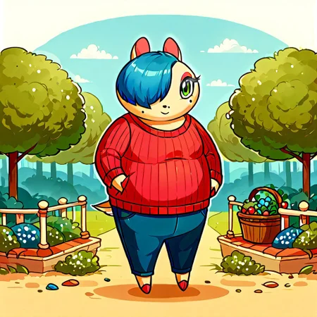 score_9, score_8_up, score_7_up, Shebbs, Maydine, Blue Hair, Hair Covering one eye, Red Sweater, Pants, Makeup, beauty mark, outside
