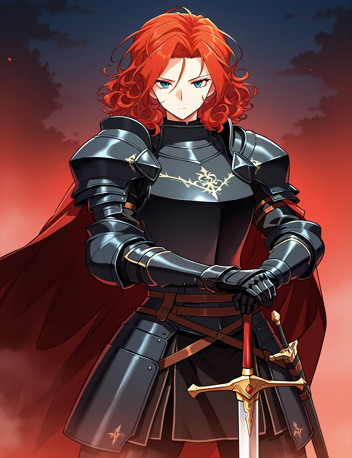 <lora:Alicia_Termina_Magentano__The_Greatest_Estate_Designer:1>
1 girl, solo, red hair, blue eyes, medium hair, curly hair
armor, red cape, black shoulder armor, black pauldrons, black gauntlets, black breastplate, sheath, sword
score_9, score_8_up, score_7_up, very aesthetic, source_anime, detailed, high quality, beautiful, masterpiece, detailed eyes, hands on hilt, looking at viewer, cowboy shot, legs apart, outdoors, night, red theme, fog, fores