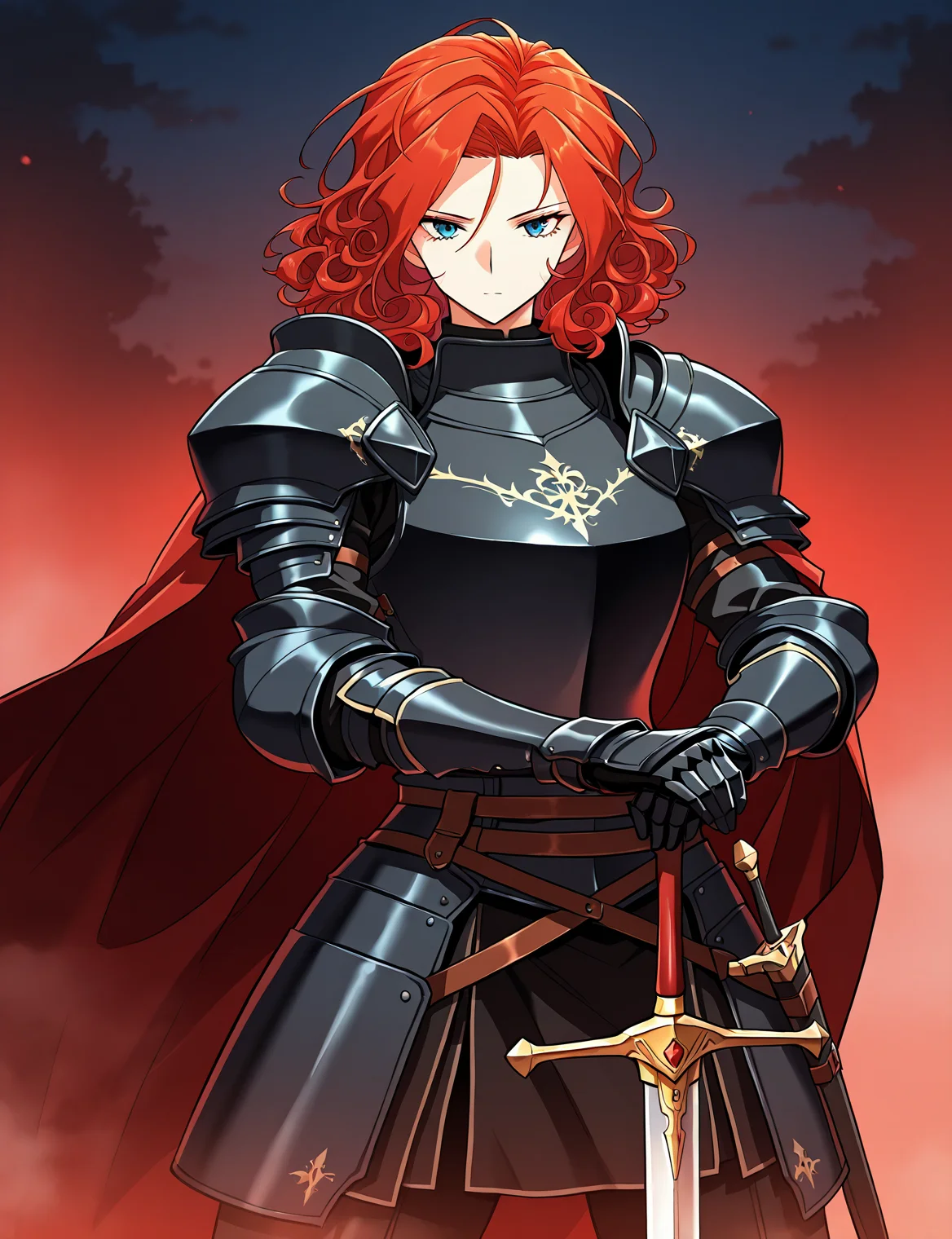 <lora:Alicia_Termina_Magentano__The_Greatest_Estate_Designer:1>
1 girl, solo, red hair, blue eyes, medium hair, curly hair
armor, red cape, black shoulder armor, black pauldrons, black gauntlets, black breastplate, sheath, sword
score_9, score_8_up, score_7_up, very aesthetic, source_anime, detailed, high quality, beautiful, masterpiece, detailed eyes, hands on hilt, looking at viewer, cowboy shot, legs apart, outdoors, night, red theme, fog, fores