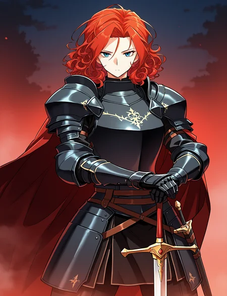 <lora:Alicia_Termina_Magentano__The_Greatest_Estate_Designer:1>
1 girl, solo, red hair, blue eyes, medium hair, curly hair
armor, red cape, black shoulder armor, black pauldrons, black gauntlets, black breastplate, sheath, sword
score_9, score_8_up, score_7_up, very aesthetic, source_anime, detailed, high quality, beautiful, masterpiece, detailed eyes, hands on hilt, looking at viewer, cowboy shot, legs apart, outdoors, night, red theme, fog, fores
