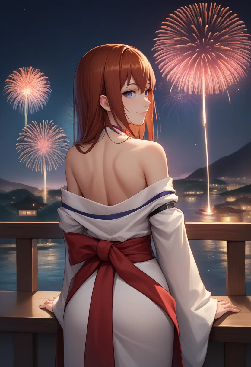 score_9, score_8_up, score_7_up, source_anime, from behind, solo, 1girl, makise kurisu, slight smile, looking back, white kimono, off shoulder, red sash, bare shoulders, fireworks <lora:steinsgate_makise_ponyXL:1>