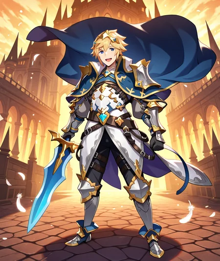 masterpiece,best quality,newest,absurdres,highres BREAK Xander,blonde hair,weapon,castle,sword,1boy,male focus,holding weapon,holding sword,armor,cape,holding,solo,feathers,blue eyes,full body,boots,looking at viewer,armored boots,open mouth,smile,blue cape,short hair,gloves,knight,shoulder armor,belt,pants,falling feathers,black pants,black gloves,standing,gauntlets,cobblestone,greaves,tiara,pauldrons,thigh belt,official art,multiple belts,<lora:XanderV1-1-000008:1>,