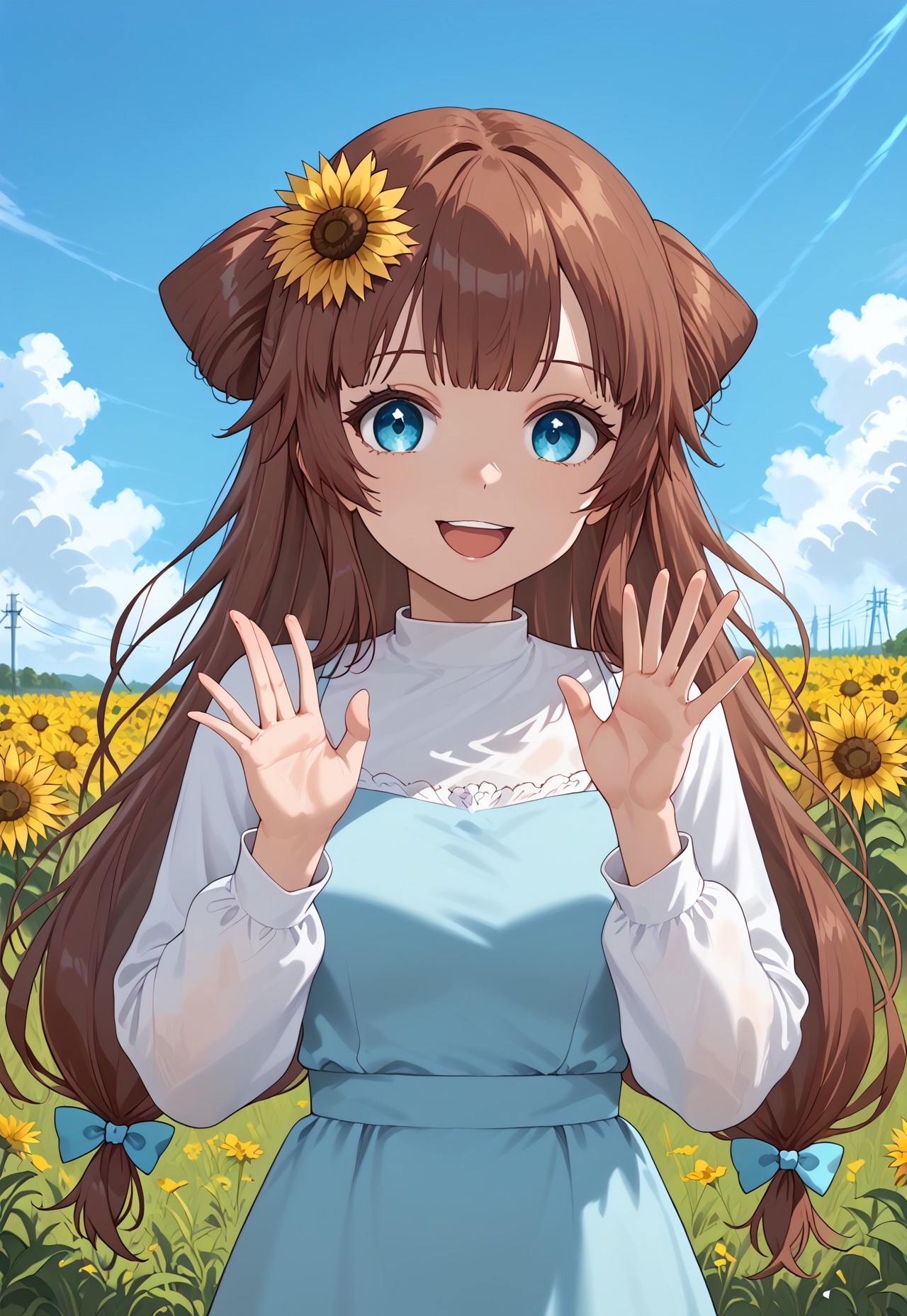 1girl, solo, solo focus, highres, absurdres, RemiSprings, hair flower, sunflower hair ornament, brown hair, long hair, bangs, blue eyes, blue dress, white shirt, hair bow, blue bow, bangs, long dress, long sleeves,

looking at viewer, smile, open mouth, hands up, waving, 

day, blue sky, cloud, sunflower field, neon lights, shade, 
