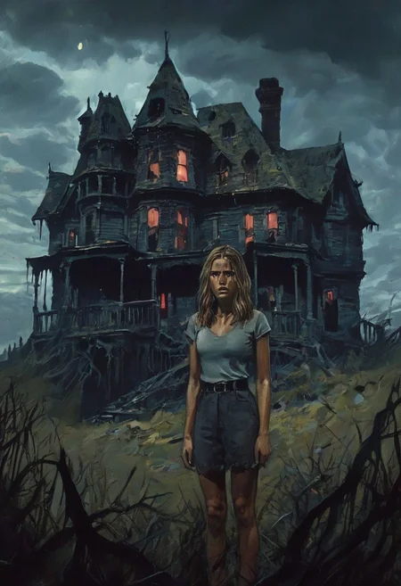 Movie Horror aesthetic, ((colors)), with a pissed off expression, a 19yo girl stand on hunted house in front of hunted hill, muscular, scream, stunning background. dark and moody, a mesmerizing blend of light and shadow. masterpiece, absurdres, intricate details