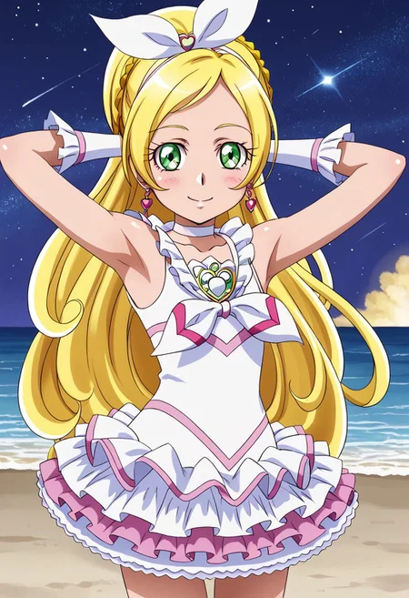 detailed background, shiny skin, rating safe,
<lora:curerhythm.pony:1>
curerhythm,
shiny skin, high quality, solo, looking at viewer, solo, {contrapposto}, spread armpit, arms behind head, blushing, looking at viewer, cowboy shot, closed mouth, night sky, beach, looking at viewer, best quality, smile,