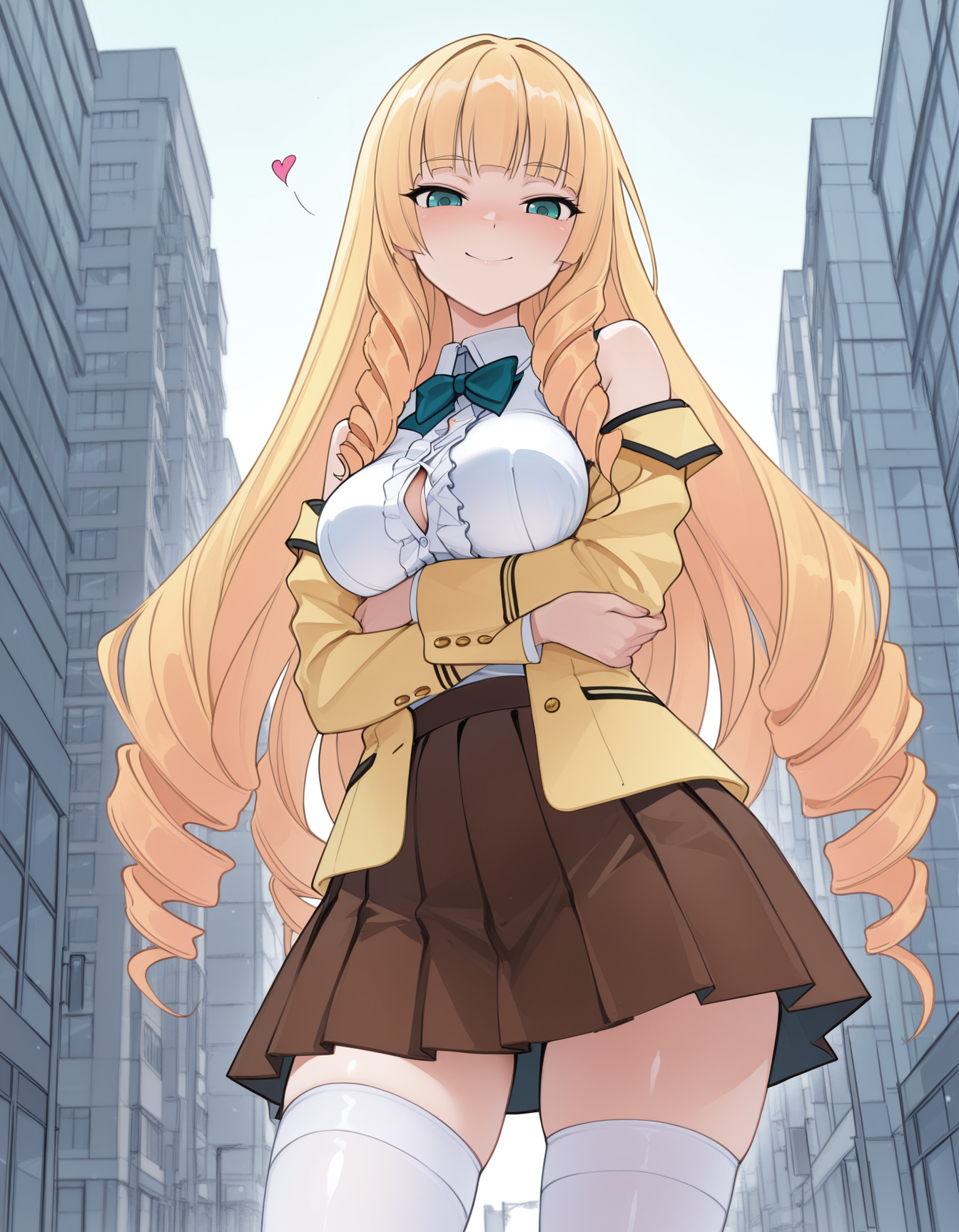 masterpiece, best quality, amazing quality, very aesthetic, absurdres, highres, newest, detailed eyes,
1girl,solo, seduce,seductive, heart, looking_down ,kawaii waifu, breasts grab, confused smile, aqua eyes, blonde hair, breasts, brown skirt, drill hair, medium breasts, long hair, pleated skirt, school uniform, skirt, thighhighs, white legwear, frills, rich,hime_cut , lady,Jabot,blunt_bangs,yellow jacket, button gap, white sleeveless,(cowered breasts),city,outdoors,crossing arm under breasts, blush,
<lora:Illustrious_Seo_t_style-000031:1>