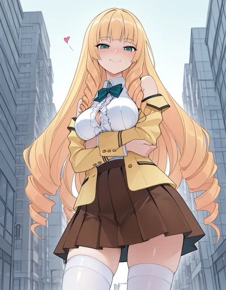 masterpiece, best quality, amazing quality, very aesthetic, absurdres, highres, newest, detailed eyes,
1girl,solo, seduce,seductive, heart, looking_down ,kawaii waifu, breasts grab, confused smile, aqua eyes, blonde hair, breasts, brown skirt, drill hair, medium breasts, long hair, pleated skirt, school uniform, skirt, thighhighs, white legwear, frills, rich,hime_cut , lady,Jabot,blunt_bangs,yellow jacket, button gap, white sleeveless,(cowered breasts),city,outdoors,crossing arm under breasts, blush,
<lora:Illustrious_Seo_t_style-000031:1>