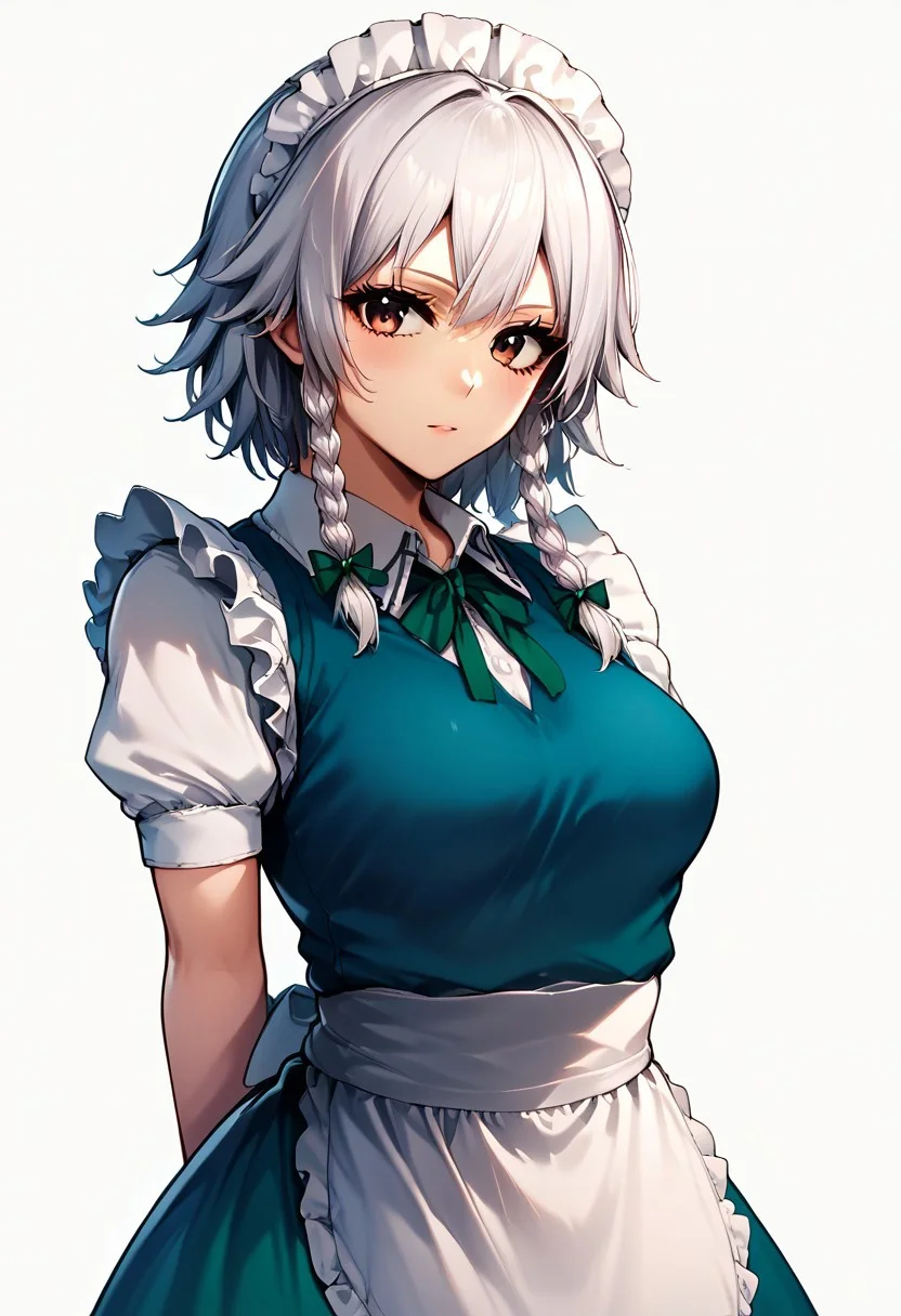 Score_9, score_8_up, score_7_up, score_6_up, score_5_up,  source_anime, 1girl, solo, female focus, looking at viewer, upper body, (cowboy shot, white backdrop),  arm behind back, BREAK,  <lora:Inoue_Nanaki_Style:1>, BREAK, izayoi_sakuya, white hair, twin braids, maid headdress, green ribbon, blue dress, blue shirt, short sleeves, waist apron, white sleeves,