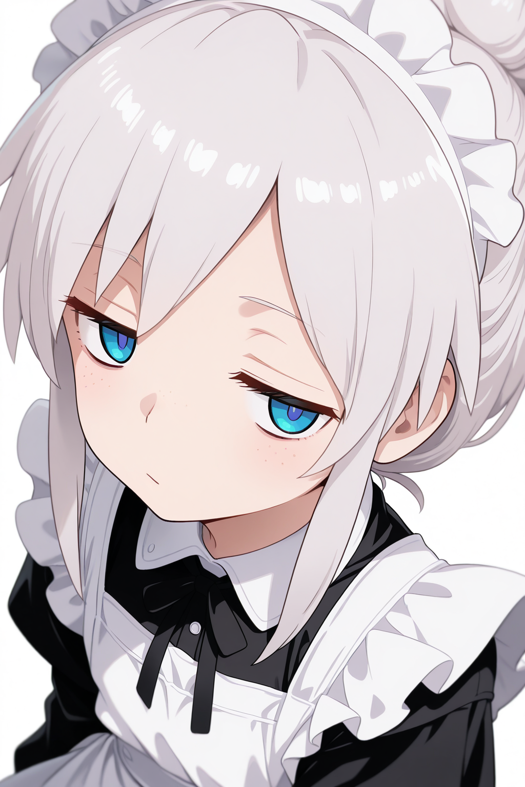 1girl, DeuxMurasameGundamGQ,
general, solo, dutch angle, half body,
jitome, eyelashes,
maid, maid headdress, maid apron, white collar, neck ribbon, black ribbon, white apron, black shirt, white dress,
simple background, white background,
depth of field,
<lora:kp_DeuxMurasameGundamGQIllustrious_v1_1:1.0>,
masterpiece, best quality, amazing quality