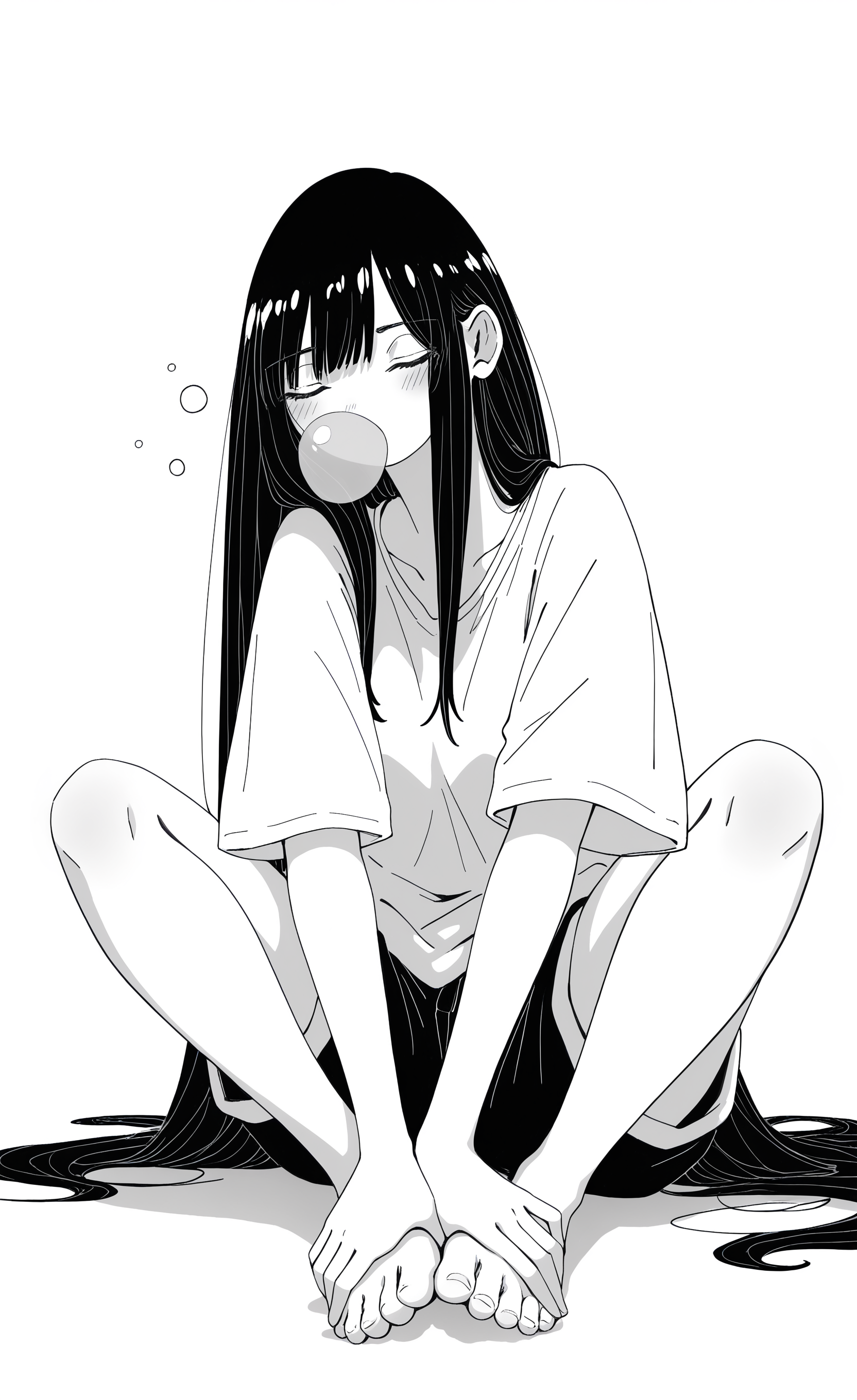 masterpiece, best quality, good quality, very awa, very aesthetic, absurdres, newest,
1girl, solo, long hair, blush, simple background, shirt, white background, very long hair, sitting, full body, monochrome, short sleeves, greyscale, shorts, barefoot, feet, toes, traditional media, bubble blowing, chewing gum, nose bubble, hands on feet,facing viewer, 240_mado,
Flatline, Flat vector illustration <lora:NOOB_vp1_detailer_by_volnovik_v1:0.3> <lora:NOOB_vp1_detailer_by_volnovik_v1:0.3> <lora:ponyv6_noobV1_2_adamW-000017:0.7> <lora:checkpoint-e18_s306:1.2> <lora:240_mado_ill:1.2>