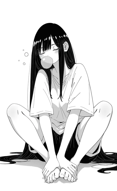 masterpiece, best quality, good quality, very awa, very aesthetic, absurdres, newest,
1girl, solo, long hair, blush, simple background, shirt, white background, very long hair, sitting, full body, monochrome, short sleeves, greyscale, shorts, barefoot, feet, toes, traditional media, bubble blowing, chewing gum, nose bubble, hands on feet,facing viewer, 240_mado,
Flatline, Flat vector illustration <lora:NOOB_vp1_detailer_by_volnovik_v1:0.3> <lora:NOOB_vp1_detailer_by_volnovik_v1:0.3> <lora:ponyv6_noobV1_2_adamW-000017:0.7> <lora:checkpoint-e18_s306:1.2> <lora:240_mado_ill:1.2>
