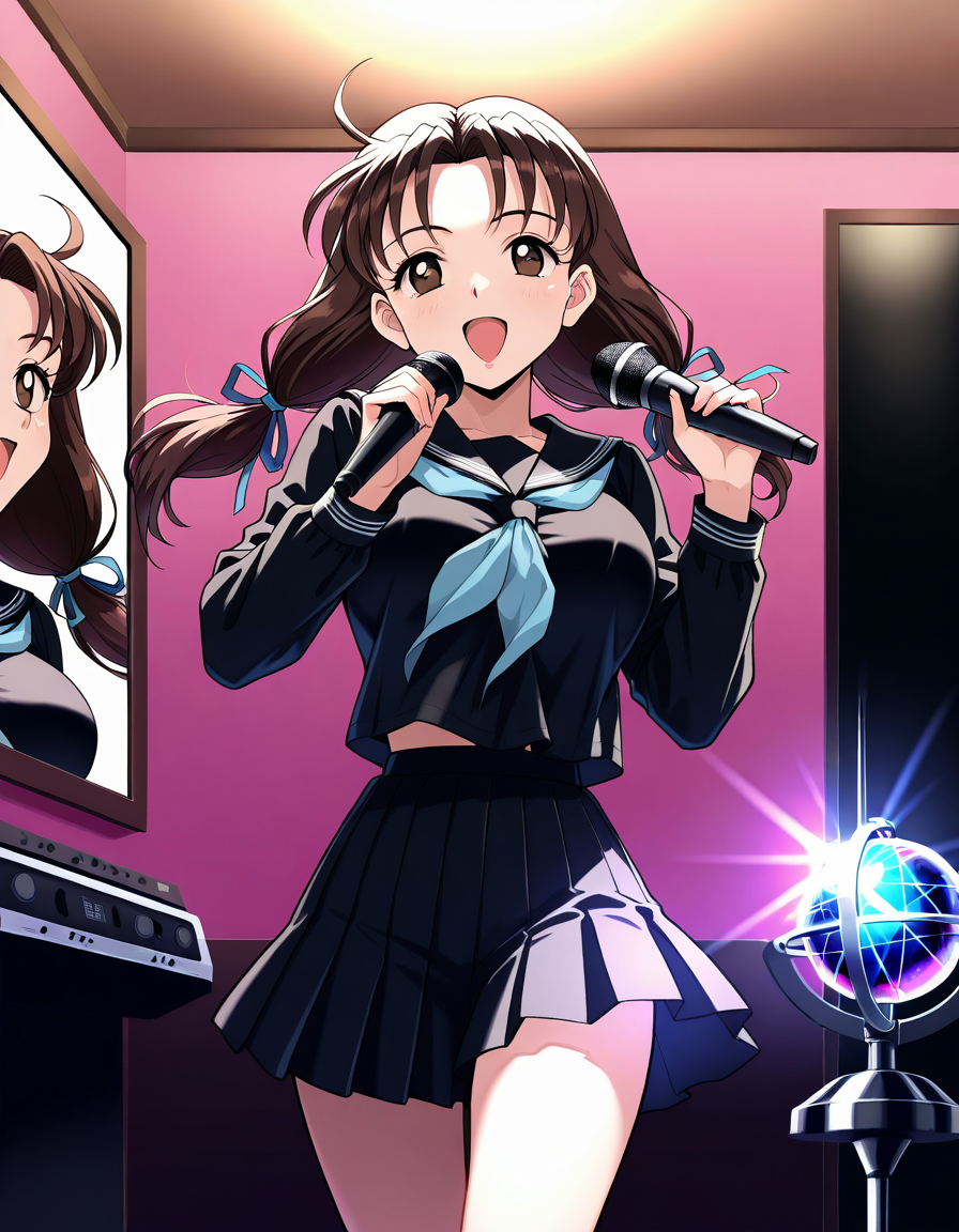 masterpiece, best quality, good quality, <lora:Minegishi_Kyouko_IS:1> 
Minegishi_Kyouko, brown hair, brown eyes, large breasts,long hair, twintails, hair ribbon, blue ribbon,  ahoge, happy,
1girl, solo, school uniform, microphone, singing, music, serafuku, skirt, long sleeves, holding, holding microphone, ribbon, karaoke, looking at viewer, open mouth, black serafuku, standing,
mirror ball, prism,