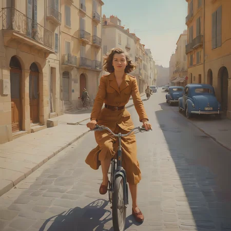 A French girl riding a bike along the streets of 1940s Marseilles. Warm hues.
<lora:PencilDrawEn01_CE_SDXL:0.6>