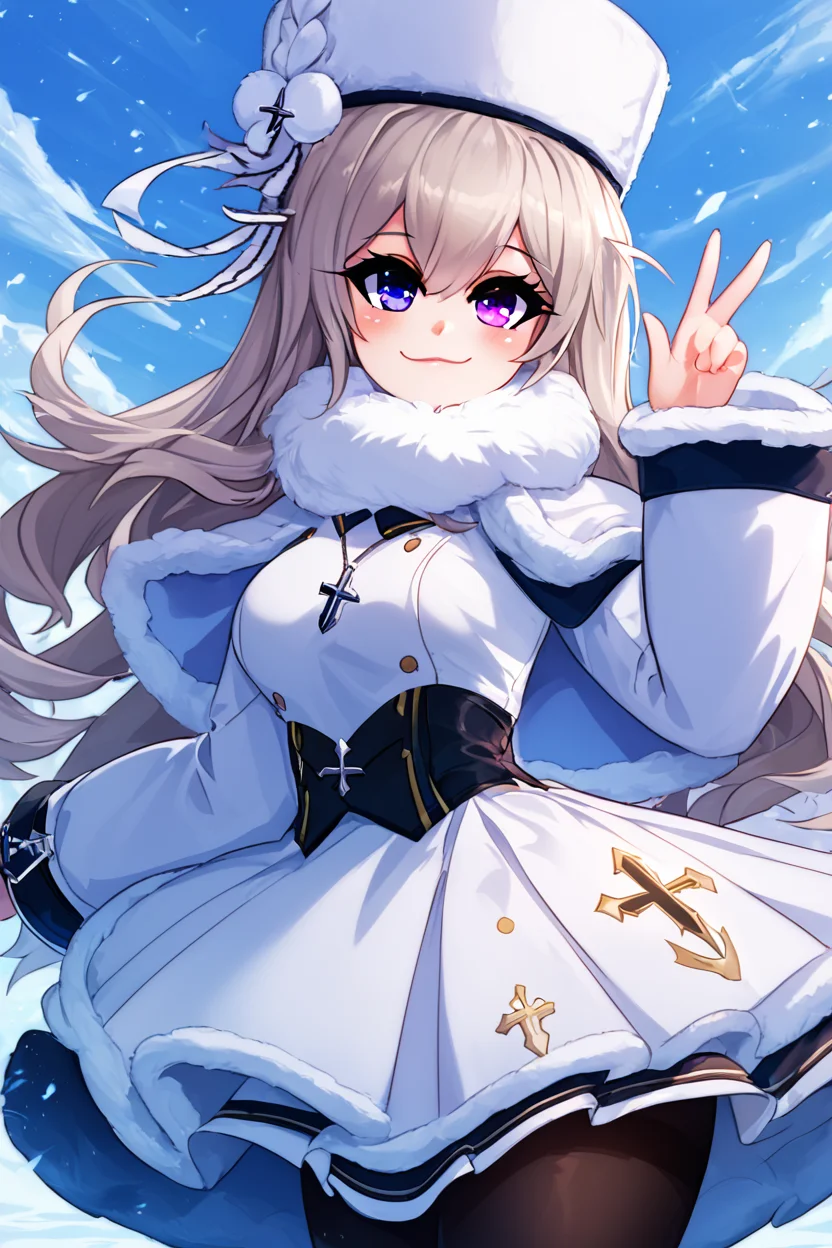 score_9, score_8_up, score_8, medium breasts, (curvy), cute, eyelashes, ,,, , ,,, zzMurmansk, long hair, purple eyes, heterochromia, blue eyes, bangs, grey hair, hat, white headwear, cross necklace, fur-trimmed dress, white dress, papakha, black pantyhose, long sleeves, black belt, white coat, capelet, winter coat, <lora:Murmansk_Azurlane_PDXL:1.0>, ,,,, BREAK, smile, closed mouth, looking at viewer, cowboy shot, ,,, embedding:zPDXL, Expressiveh, ,,, <lora:MantisStyle_PDXL_v2:0.8>, <lora:SDXLFaeTastic2400:0.5>, <lora:Expressive_H-000001:0.4>,
