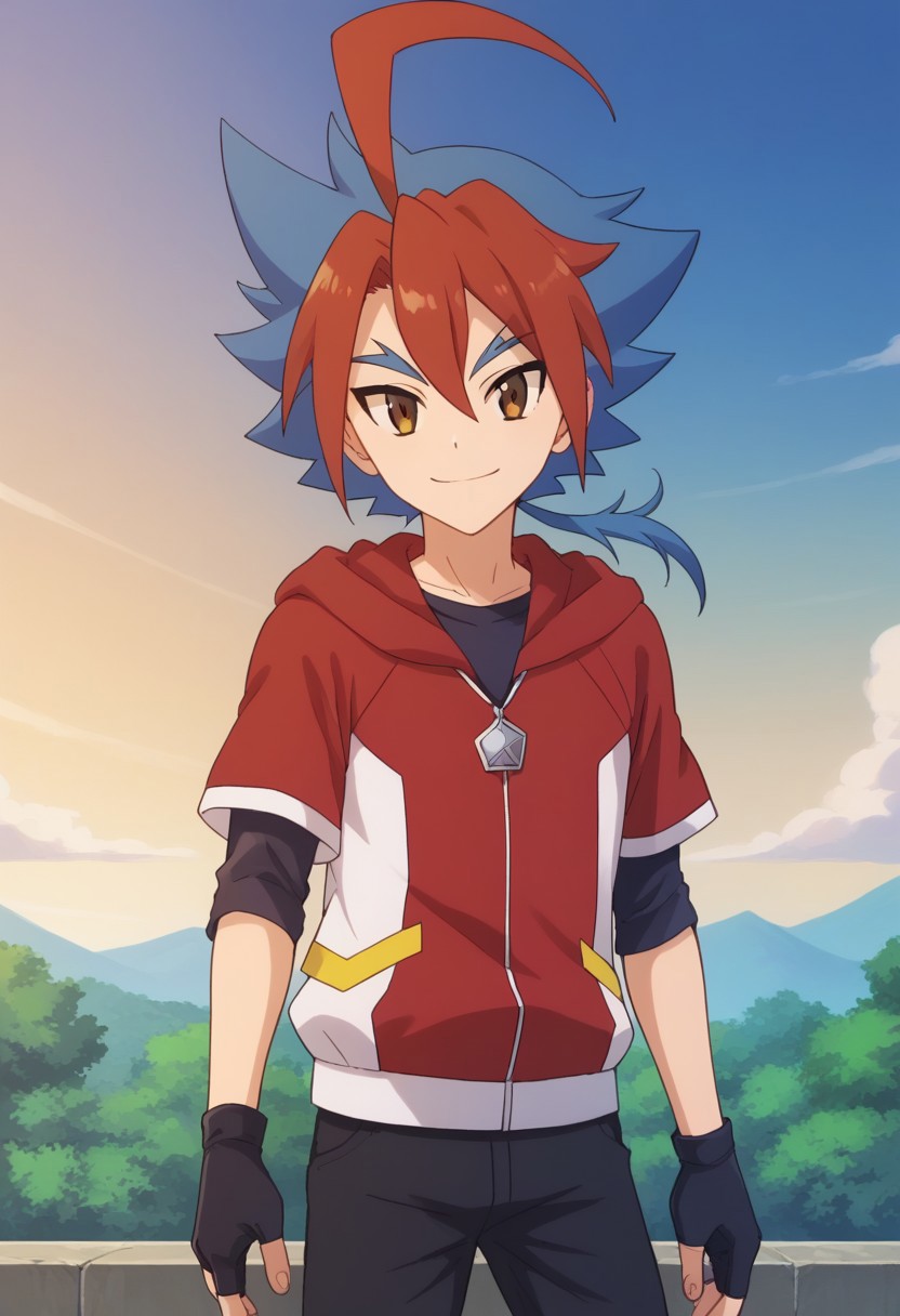 score_9, score_8_up, score_7_up, source_anime, highly detailed, 
yugamikado, male focus, 1boy, gloves, solo, blue hair, ahoge, ponytail, red hair, multicolored hair, two-tone hair, smile, pants, black pants, spiked hair, hoodie, red hoodie, hood, zipper pull tab, bangs, brown eyes, looking at viewer, standing, short sleeves, shirt, black shirt, upper body, smile,
outdoor, sky, cloud, tree