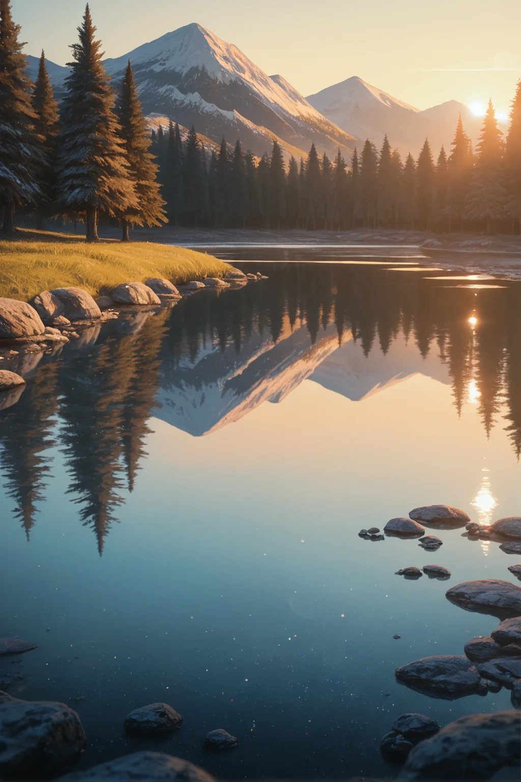 squatting on grass, mountain lake, clear sky, rocky shoreline, reflections on water, tall pine trees, natural lighting, no humans, sunset, lens flare, 
masterwork, masterpiece, best quality,  detailed, depth of field, , high detail, best quality, very aesthetic, 8k, dynamic pose, depth of field, dynamic angle, adult,  aged up