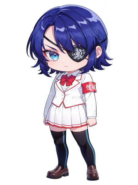 <lora:Aoi3XL:1> Ryugo_YS, 1girl, short hair, white school uniform, red bowtie, armband, pleated skirt, eyepatch, serious, standing, two-tone thighhighs, chibi, full body, loafers, 
<lora:cfg_scale_boost:0.9>, simple background, looking at viewer, white background, solo, 
masterpiece, best quality, amazing quality, very aesthetic, absurdres, newest,<lora:cfg_scale_boost:0.9> <lora:spo_sdxl_10ep_4k-data_lora_webui:0.4> <lora:retrocute:1> <lora:omoyunakyu715-_style_Illustrious:0.3> omoyu_nakyu715