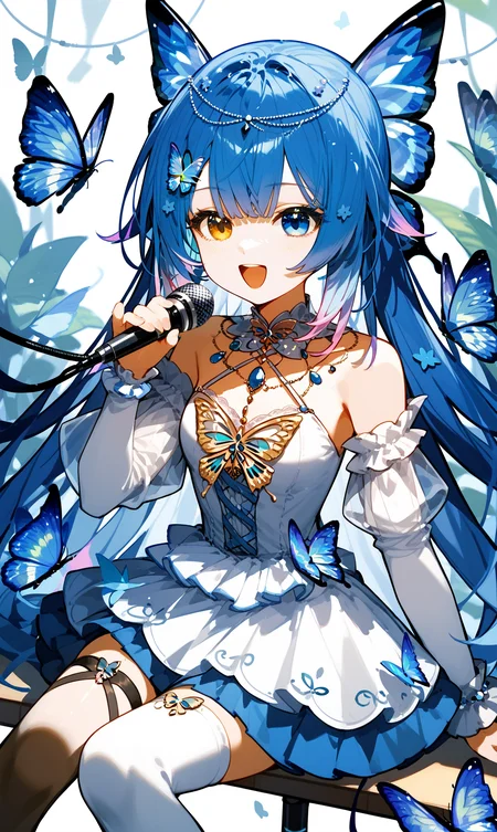 score_9, score_8_up, score_7_up,
<lora:ameki_pony:0.9>, 1girl, ameki_pony, heterochromia, dress, butterfly hair ornament, blue hair, long hair, hair ornament, thighhighs, jewelry, detached sleeves,
sitting, singing, microphone