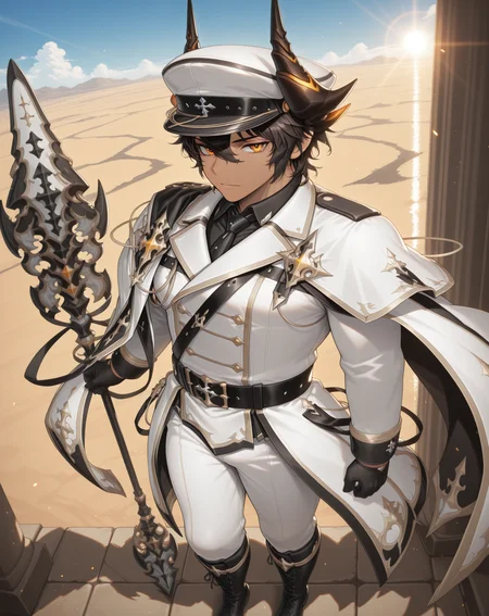 masterpiece, amazing quality, best quality, absurdres, very aesthetic,
1boy, solo, yaoi, male focus, full body, from above, standing, looking at viewer, face focus,
<lora:Sol_Bellium_Platoon:1> solbp, peaked cap, dragon horns, hair between eyes, dark-skinned male, dark skin, black hair,short hair, orange eyes,
black gloves, white pants, hat, long sleeves, white cape, white headwear, white coat, military uniform, shirt, black cape, white jacket, double-breasted,
knee boots, black footwear, belt,
holding weapon, holding polearm, holding staff, spear,
outdoors, day, blue sky, sun,