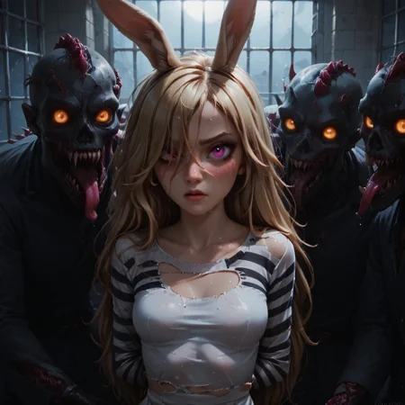 score_9, score_8_up, score_7_up, 1girl, cute face, petite, freckles, bttrfrckl, tan skin, heterochromia, pink eyes, hair over right eye, hair over one eye, blonde hair, messy hair, very long hair, medium breasts, rabbit ears, arms behind back, restrained, fading makeup, black nails, pout, upper body, dark theme, low light, horror scene, prison_clothes, prison clothes, tight clothes, striped shirt, long sleeves, torn shirt, prison cell, <lora:prison_clothes_XL:0.7>, BadDream, eye catching, drab, zombies, monster, undead, grabbing, undressed, cutoffs, wet, sweaty,