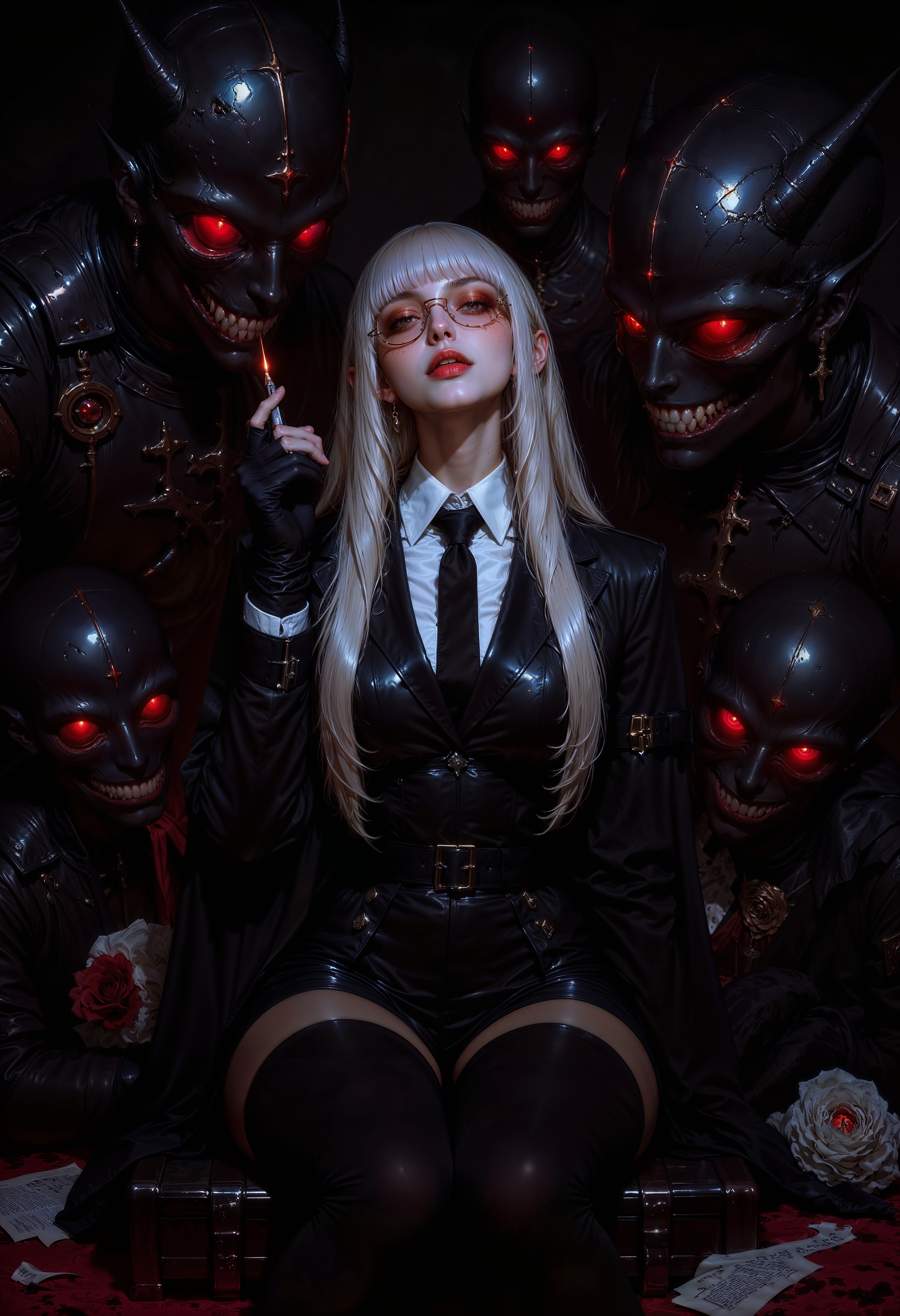 a digital painting in a dark, surreal style depicting a woman with long, flowing silver hair and pale skin, sitting in a dimly lit, gothic setting. She wears a dark, formal suit with a high collar and a tie, giving her a somewhat androgynous appearance. Her large, round glasses reflect the eerie, red eyes of shadowy figures that surround her, creating a haunting atmosphere. She holds a lit cigarette in her gloved hand, exuding a sense of calm amidst the chaos. The background is a mix of dark tones and abstract shapes, enhancing the ominous mood. The camera angle is straight-on, capturing her from the waist up, emphasizing her enigmatic expression.