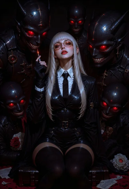 a digital painting in a dark, surreal style depicting a woman with long, flowing silver hair and pale skin, sitting in a dimly lit, gothic setting. She wears a dark, formal suit with a high collar and a tie, giving her a somewhat androgynous appearance. Her large, round glasses reflect the eerie, red eyes of shadowy figures that surround her, creating a haunting atmosphere. She holds a lit cigarette in her gloved hand, exuding a sense of calm amidst the chaos. The background is a mix of dark tones and abstract shapes, enhancing the ominous mood. The camera angle is straight-on, capturing her from the waist up, emphasizing her enigmatic expression.