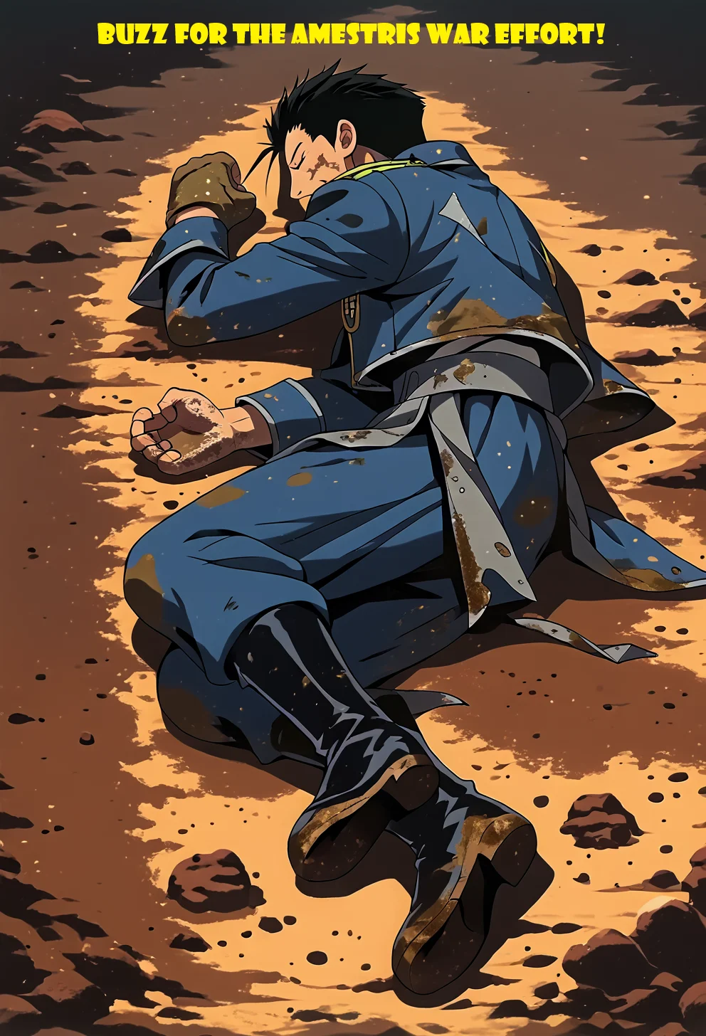score_9, score_8_up, score_7_up, score_6_up, source_anime, BREAK,
yamchapose, lying, on side, closed eyes, Berhughes, source_anime, \(Fullmetal Alchemist\),
Berhughes_uniform, Amestrian State Military uniform, blue Alchemist jacket, overlap jacket, aiguillette, gorget patches, rank slides, blue Alchemist pants, blue Amestrian butt cape, grey Amestrian waistband, black boots, dirt on clothes, dirt on face, dirt on hands,
from above, full body view,
crater,