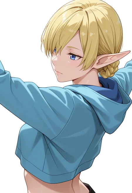 Smooth Quality,masterpiece,very intricate, high quality details, ultra realistic, high detailed skin,detailed enviorement,absurdres,
simple background, white background,
dynamic angle,dancing,
x3,solo,
<lora:Kagali_cnn:0.8> 1girl, short hair, blonde hair, blue eyes, pointy ears, braid, hair over one eye, elf,cropped hoodie, ,blazer, ,spats, ,