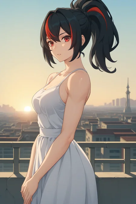 score_9, score_8_up, score_7_up, source_anime, 1girl, prefect lighting, very aesthetic, intricate details, highly detailed background, masterpiece, high quality, prefect hands, best quality, solo,
<lora:Zhu_Yuan_ZZZ_V1:.85>, KJOzhu, high ponytail, streaked hair, dark hair, red eyes, streaked hair, thick thighs,
sundress, bare shoulders,
from side, own hands together, looking at viewer, expressionless, parted lips,
rooftop, sunset,
(Beautiful, medium Breasts:1.2), natural breasts,