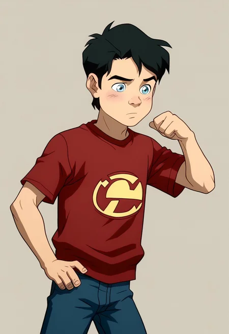 High Quality,  Billy batson,  solo, 1boy, black hair, blue eyes, red tshirt, bluejeans, young, small body.