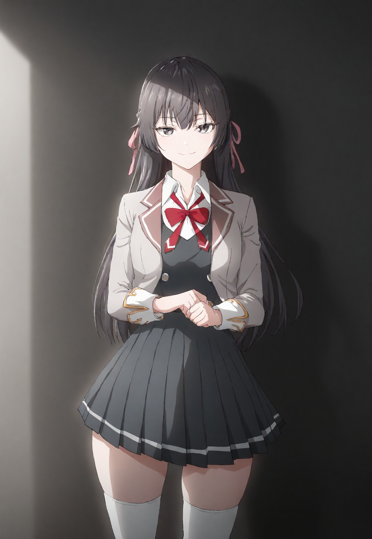 detailed, sinfully stylish, dramatic lighting, long shadows, soft light, contrapposto, anime, 1girl, solo, school uniform, dark grey pleated dress, grey jacket, white thighhighs, hair ribbon, staring at viewer, smiling, wide hips, standing, hip sway,