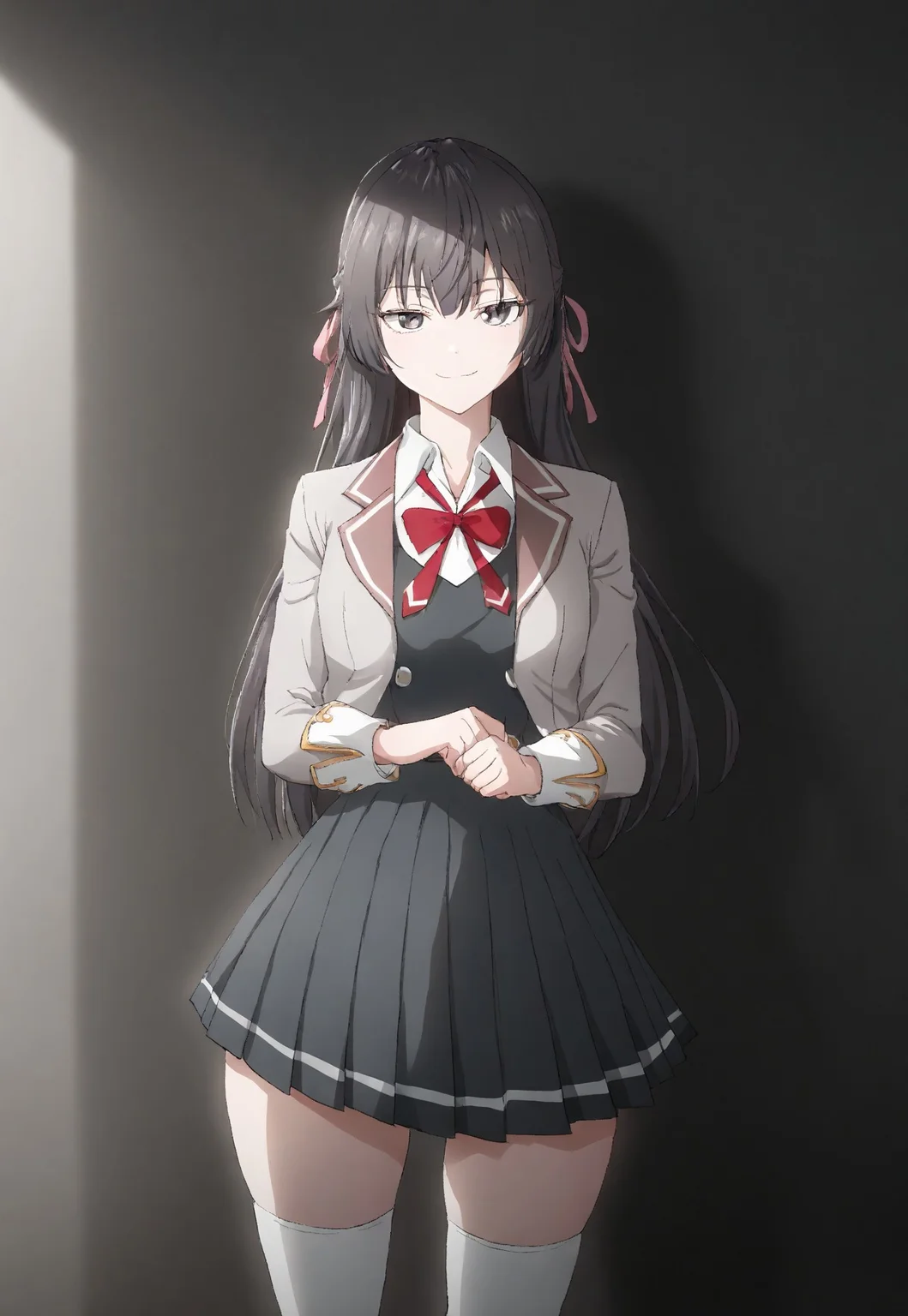 detailed, sinfully stylish, dramatic lighting, long shadows, soft light, contrapposto, anime, 1girl, solo, school uniform, dark grey pleated dress, grey jacket, white thighhighs, hair ribbon, staring at viewer, smiling, wide hips, standing, hip sway,