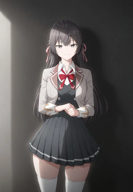 detailed, sinfully stylish, dramatic lighting, long shadows, soft light, contrapposto, anime, 1girl, solo, school uniform, dark grey pleated dress, grey jacket, white thighhighs, hair ribbon, staring at viewer, smiling, wide hips, standing, hip sway,