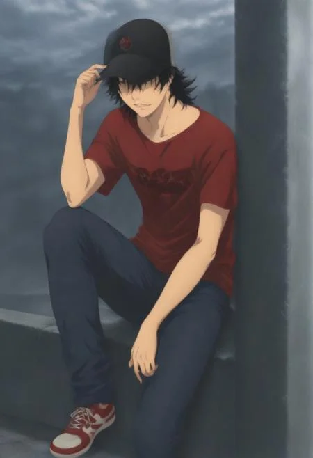 masterpiece,best quality,very aesthetic,absurdres,4k,8k,intricate detail,amazing quality,anime coloring, anime screencap, Sora Takeuchi, black hair, medium-length hair, messy hair, ballcap, dark red t-shirt, dark blue jeans, sneakers, Sora Takeuchi, black hair, medium-length hair, messy hair, ballcap, dark red t-shirt, dark blue jeans, sneakers,