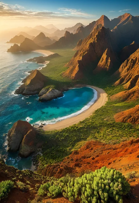 Panoramic vista, dynamic aerial view over an expansive mosaic of nature: lush ancient forests, rugged coastal cliffs, golden arid desert dunes, and soaring mountain ranges. Eye-level perspective emphasizing intricate textures, natural gradients, and atmospheric serenity. Low-angle composition capturing towering, timeless peaks against radiant dusk skies. Vivid emerald foliage harmonizes with shimmering ocean blues and warm desert tones, creating a surreal blend of diverse biomes. Detailed textures, natural lighting brilliance, ambient mists, and organic spatial composition enhanced by 8k quality, masterpiece intricacy, and vivid realism. Serene, unspoiled terrain, enchanted natural fusion, and a brilliant color palette combine for a remarkable, immersive visual experience.