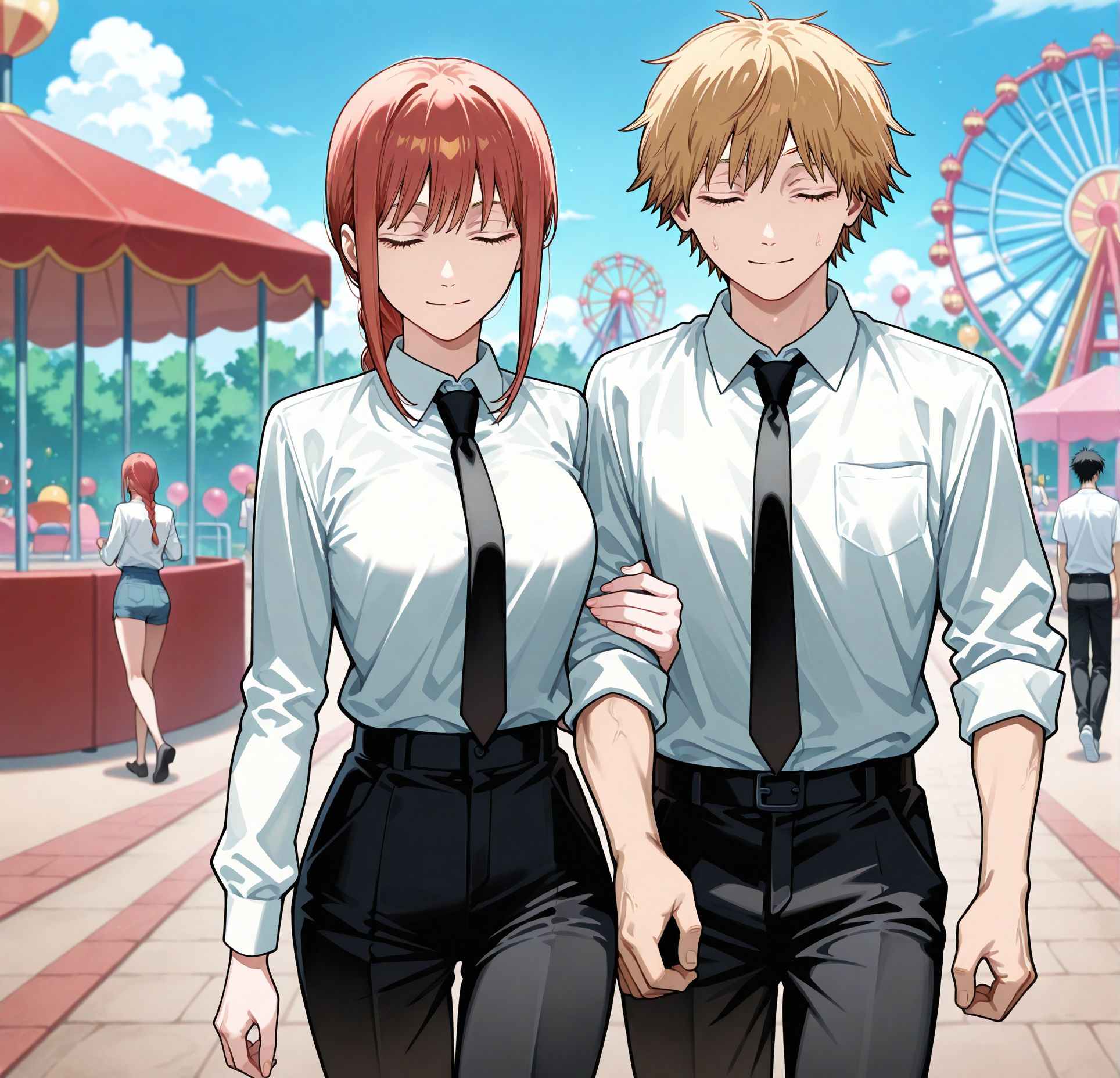 masterpiece,best quality,anime coloring,anime screenshot,
<lora:add-detail-xl:0.5>
<lora:sugar_dating:0.5>sugar_datingV1,
girl hooks her arm around the boy’s arm,amusement park, walking,
1girl, 1boy, hetero,  light smile, facing viewer,  
BREAK
white shirt, necktie, black pants, 
makima \(chainsaw man\), 
chainsaw man,official style,  official art, 
denji \(chainsaw man\), 
20YO, milf,adult couple,