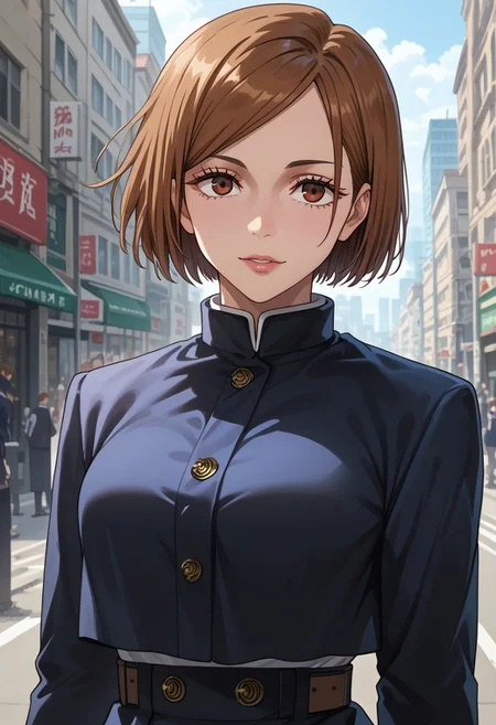 anime artwork, score_9, score_8_up, score_7_up, score_6_up, score_5_up, solo, perfect eyes, detailed eyes, beautiful female, detailed face, dynamics lines, 20 year old, perfect beautiful face, long eyelashes, sharp eyes pupils, city, (upper body:1.5), smile, medium breasts, wide hips, hips,,1 girl, nobara, brown hair, short hair, brown eyes, school uniform, black jacket, brown belt, black skirt