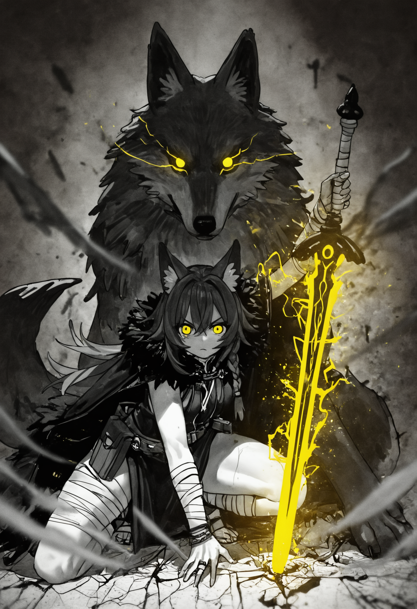 ,1girl, solo, long hair, looking at viewer, holding, animal ears, hair between eyes, closed mouth, jewelry, tail, yellow eyes, monochrome, braid, weapon, belt, sword, holding weapon, bracelet, animal ear fluff, v-shaped eyebrows, fur trim, glowing, animal, arm support, holding sword, bandages, squatting, ring, wolf ears, cloak, glowing eyes, wolf tail, spot color, pouch, serious, bandaged arm, wolf girl, bandaged leg, on one knee, aura, belt pouch, planted, wolf, planted sword, glowing weapon, oversized animal, glowing sword, torn, fur cape, flaming weapon, leg wrap, flaming sword, ankle wrap, cracked floor, bandaged wrist, hand on floor, hand on ground,,masterpiece,best quality,newest,absurdres,highres,very awa <lora:None:1.0> <lora:feipinzhanshi_style_2-000011:0.9500000000000002>