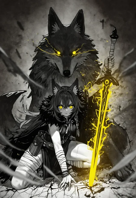 ,1girl, solo, long hair, looking at viewer, holding, animal ears, hair between eyes, closed mouth, jewelry, tail, yellow eyes, monochrome, braid, weapon, belt, sword, holding weapon, bracelet, animal ear fluff, v-shaped eyebrows, fur trim, glowing, animal, arm support, holding sword, bandages, squatting, ring, wolf ears, cloak, glowing eyes, wolf tail, spot color, pouch, serious, bandaged arm, wolf girl, bandaged leg, on one knee, aura, belt pouch, planted, wolf, planted sword, glowing weapon, oversized animal, glowing sword, torn, fur cape, flaming weapon, leg wrap, flaming sword, ankle wrap, cracked floor, bandaged wrist, hand on floor, hand on ground,,masterpiece,best quality,newest,absurdres,highres,very awa <lora:None:1.0> <lora:feipinzhanshi_style_2-000011:0.9500000000000002>