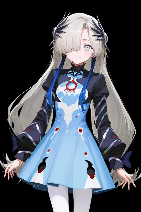 1girl, <lora:YatagarasuV1:0.8>
isekaijoucho, yatagarasu, gray long hair, black hair ornament, hair over one eye, gray eyes, blue hair extensions, multicolored_hair, black blue two tone dress, long sleeves, white pantyhose,
upper body, smiling, simple background, black background,
masterpiece,best quality,newest,absurdres,highres, artist: LM7, artist: ciloranko,artist: awei,artist: Infukun,artist: sho_(sho_lwlw),artist: modare,artist: feint721,artist: azling,artist: chuzenji,