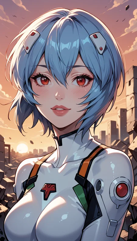 score_9, score_8_up, score_7_up, Western Comics, Portrait, (Ayanami Rei), cute, seductive, innocent, light smile:0.3, plump lips, slender body, red eyes, short light blue hair, floating hair, white plugsuit, sunset, rubble in the background, depth of field, dynamic angle, fashion photography, sharp, hyperdetailed:1.15