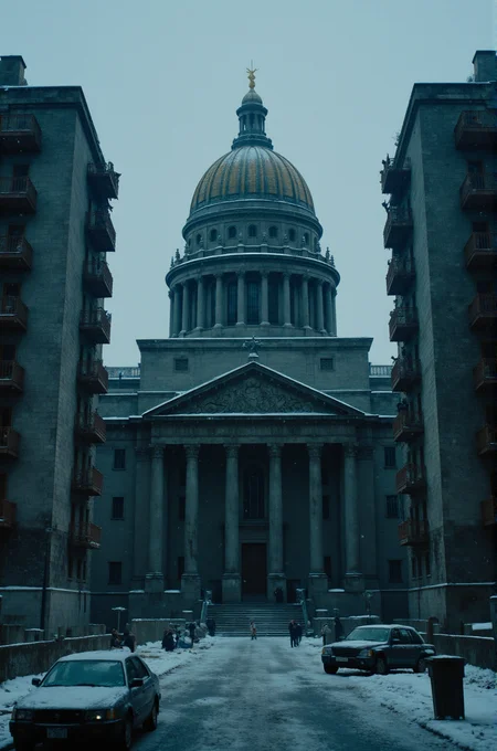 A highly realistic, cinematic photo-style image of a majestic, historic cathedral with an ornate central dome, crowned by solemn angel statues spaced evenly around its upper rim. The angels are sculpted in lifelike detail with outstretched wings and watchful gazes, their stone forms lightly dusted with snow. The cathedral's architecture is grand and gothic, featuring intricate stonework, arched windows, and golden highlights that glint faintly in the cold light. Looming around the cathedral are massive, decaying dystopian apartment blocks made of cracked concrete and rusted steel, their brutalist design stark and oppressive. Snow falls softly over the scene, settling on ledges and rooftops. The perspective is low and slightly wide-angle, enhancing the scale and contrast between the divine and the decayed. Lighting is moody and overcast, casting soft shadows and enveloping the cityscape in a cold, gloomy atmosphere with desaturated, cinematic color grading in blue-gray tones.
<lora:CinematicStyleFlux_v1:1>