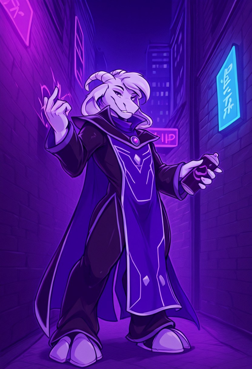 score_9, score_8_up, score_7_up, dynamic, colour theory, source_furry, neon palette, by darkgem, neon trim
[Break]
asrielIL, 1boy, animal ears, purple cape, furry, purple tabard, furry male, horns, goat boy, white horns, black jacket
[Break]
nighttime, city alleyway, night time, city, dark alleyway, city alley, alley, dark alley, trashcan, dumpster, dull neon lights, dull lights
[Break]
spraypainting wall, graffitiing, holding spray can, looking at viewer, smiling at viewer 
[Break]
level, waist up, close up