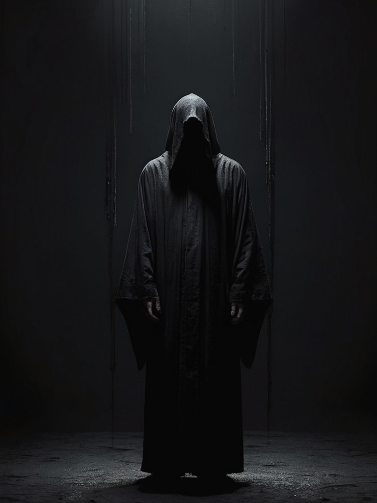 Man in black robe standing in darkness, album cover, by Balázs Diószegi, tumblr, horror gothic art, veil, moonless night, darkness, dark and muted colors, caretaker, faceless, dark background <lora:ral-meting:1> ral-melting