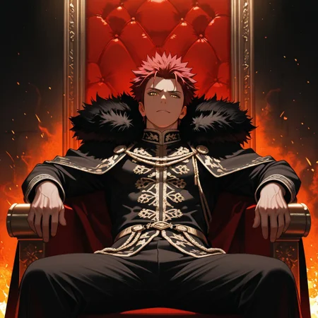 masterpiece, best quality, amazing quality, absurdres, newest, detailed background, definition so sharp, Ultra-HD, 8K cinematic, very awa, impressionate, amazing quality, highres,
solo, male focus, manly,
1boy, spiked hair, short hair, mikoto_red hair, mikoto_yellow eyes, mikotosuoh, royal attire, fur trim, dim lighting, shadows, regal, commanding presence, confident, unapproachable, burning embers, faint light, throne, leaning back, relaxed pose,
