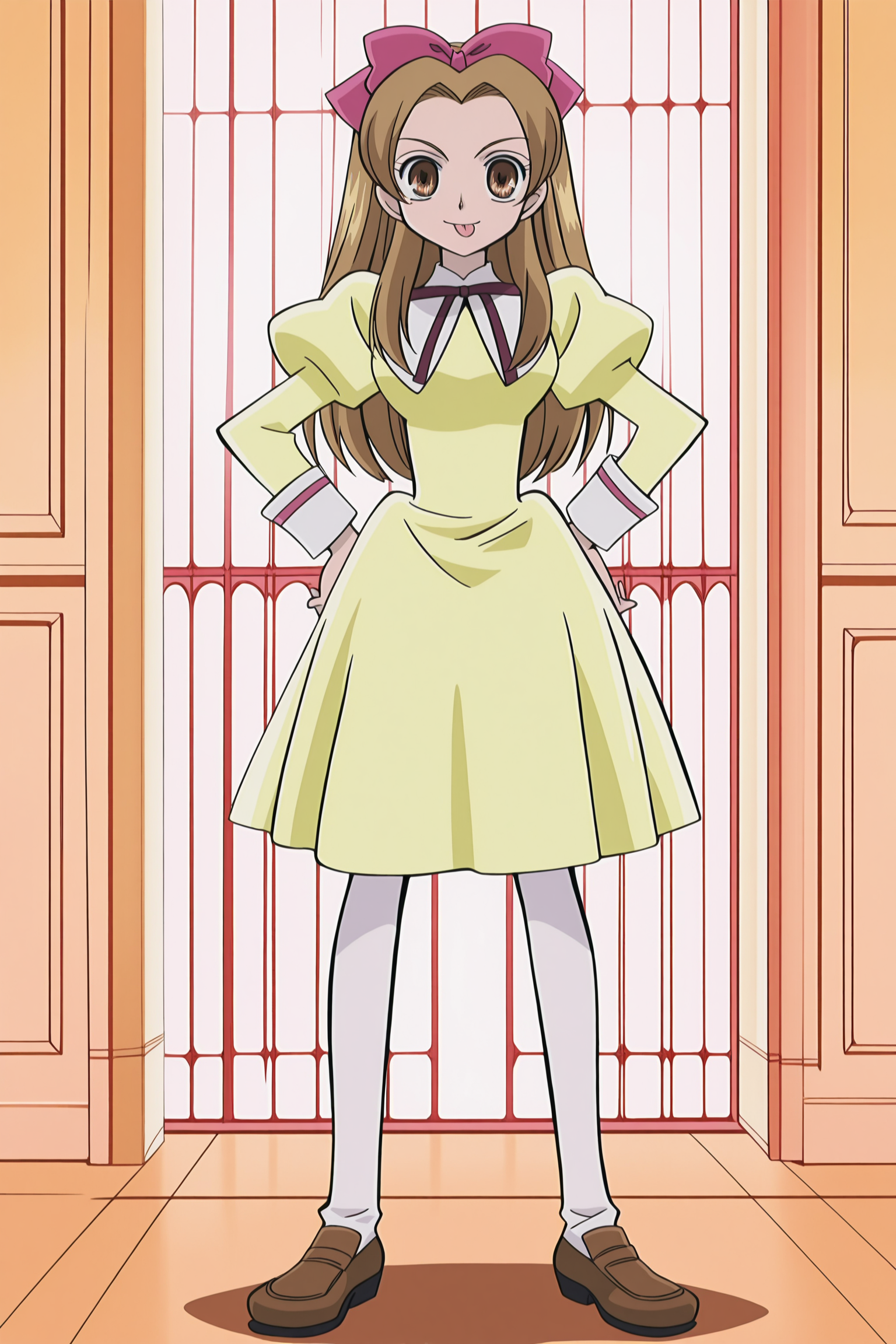 anime screencap, anime coloring, detailed face, perfect fingers, masterpiece, best quality, very aesthetic, absurdres, volumetric lighting, traditional media, Ouran High School Host Club anime art style, official anime artwork, retro artstyle, 2000s anime look,
 <lora:Haruhi_Fujioka_and_Renge_Houshakuji_Ouran_High_School_Host_Club:1>
Renge Houshakuji (character), 1girl, solo, brown hair, long hair, brown eyes, Renge default outfit, yellow dress, school uniform, hair bow, white pantyhose, shoes,
full body shot, both hands on hips, smile, mouth closed, cute girl, tongue out, teasing the viewer