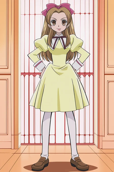 anime screencap, anime coloring, detailed face, perfect fingers, masterpiece, best quality, very aesthetic, absurdres, volumetric lighting, traditional media, Ouran High School Host Club anime art style, official anime artwork, retro artstyle, 2000s anime look,
<lora:Haruhi_Fujioka_and_Renge_Houshakuji_Ouran_High_School_Host_Club:1>
Renge Houshakuji (character), 1girl, solo, brown hair, long hair, brown eyes, Renge default outfit, yellow dress, school uniform, hair bow, white pantyhose, shoes,
full body shot, both hands on hips, smile, mouth closed, cute girl, tongue out, teasing the viewer